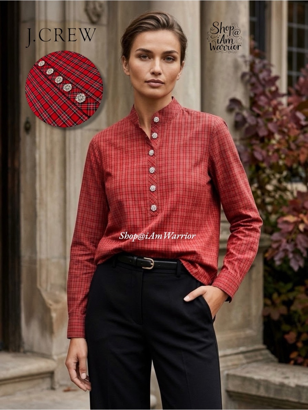 J.Crew red plaid jeweled button popover shirt @shop@iamwarrior